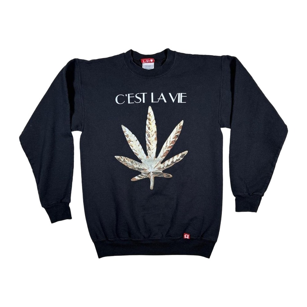 BEST Cest La Vie Weed Leaf Graphic‎ Black Crewneck Sweatshirt Adult S